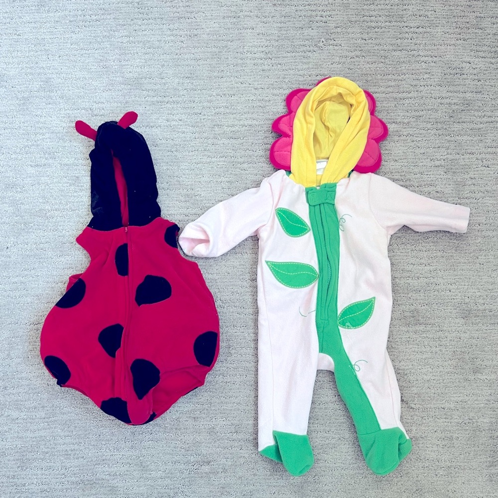 3-6 month infant Halloween costumes. Red and black lady bug and a pink flower